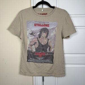 Rambo III Baby Tee Women's Small Beige Rambo With Helicopter Poster Retro